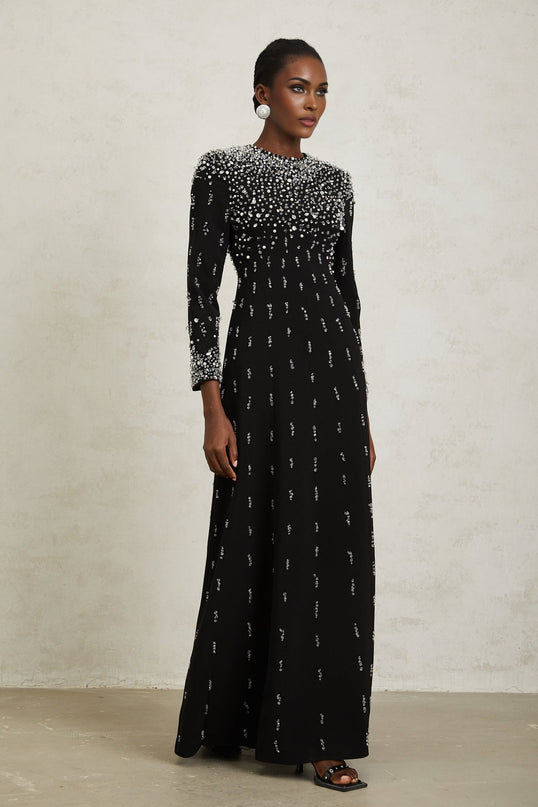 Valeria Black Maxi Dress with Sequin, Faux-Pearl, and Crystal Embellishments