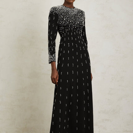 Valeria Black Maxi Dress with Sequin, Faux-Pearl, and Crystal Embellishments