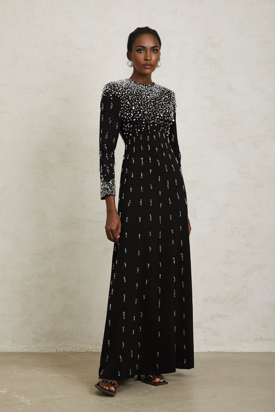 Valeria Black Maxi Dress with Sequin, Faux-Pearl, and Crystal Embellishments