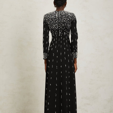 Valeria Black Maxi Dress with Sequin, Faux-Pearl, and Crystal Embellishments