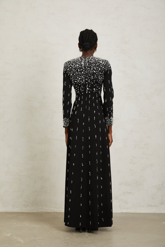 Valeria Black Maxi Dress with Sequin, Faux-Pearl, and Crystal Embellishments