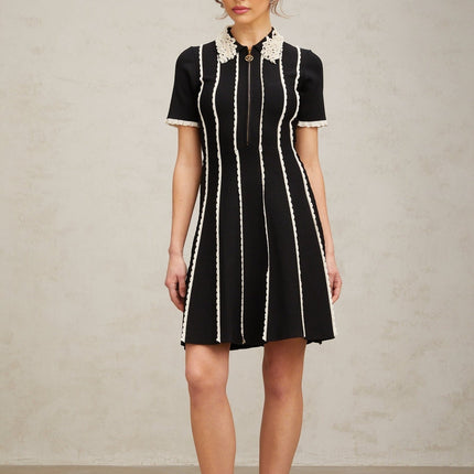 Valeria Black Mini Dress with Vertical Stripe Pattern and Ruffle Trim