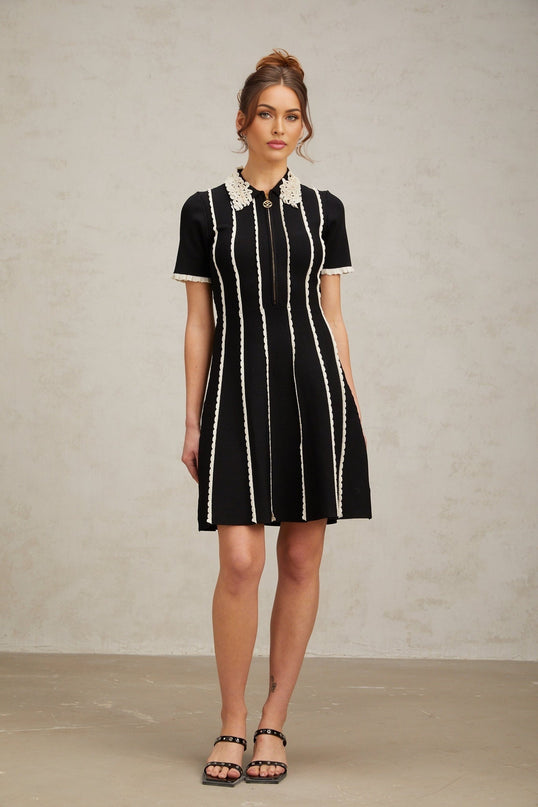 Valeria Black Striped Mini Dress with Ruffle Trim