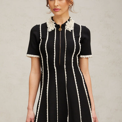 Valeria Black Striped Mini Dress Polo Collar Short Sleeves Ruffle Trim Front Zip Placket