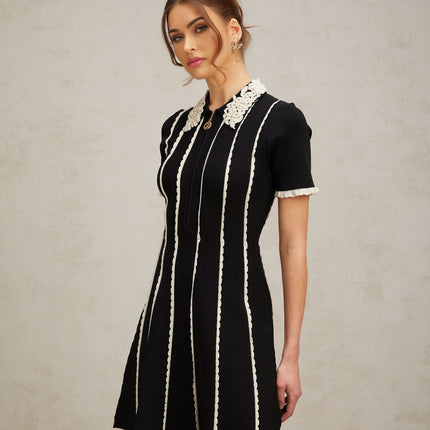 Valeria Black Striped Mini Dress with Polo Collar and Ruffle Trim