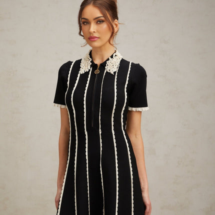 Valeria Black Vertical Stripe Mini Dress with Ruffle Trim