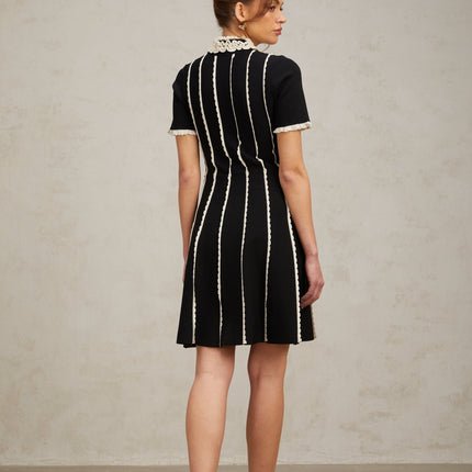 Valeria Black Vertical Stripe Mini Dress with Polo Collar and Short Sleeves