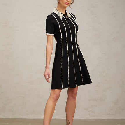 Valeria Black Vertical Stripe Ruffle Trim Mini Dress