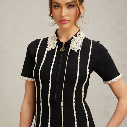 Valeria Black Vertical Stripe Ruffle Trim Mini Dress