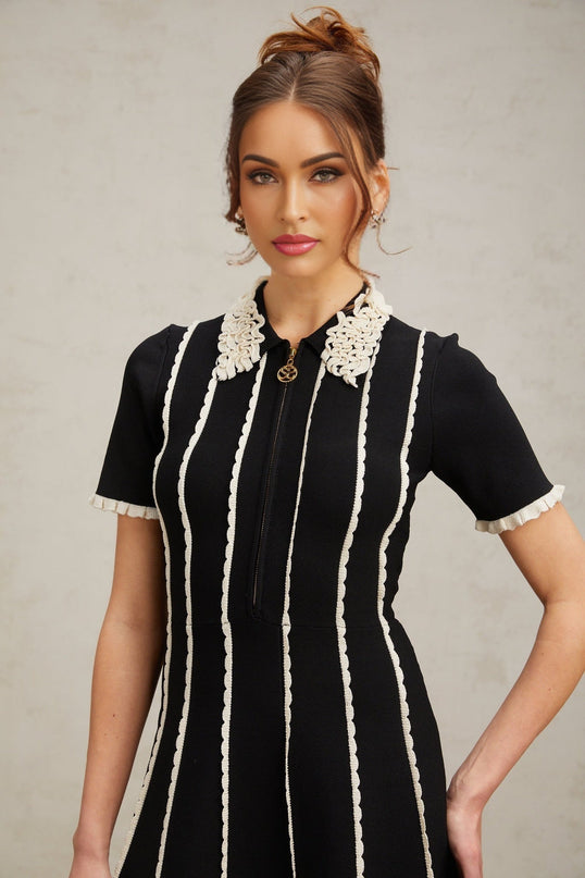 Valeria Black Vertical Stripe Ruffle Trim Mini Dress