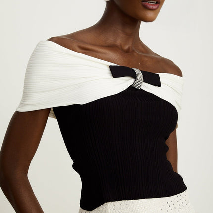 Valeria Black and White Ribbed Knit Top with Bow Detail and Rhinestone Embellishments