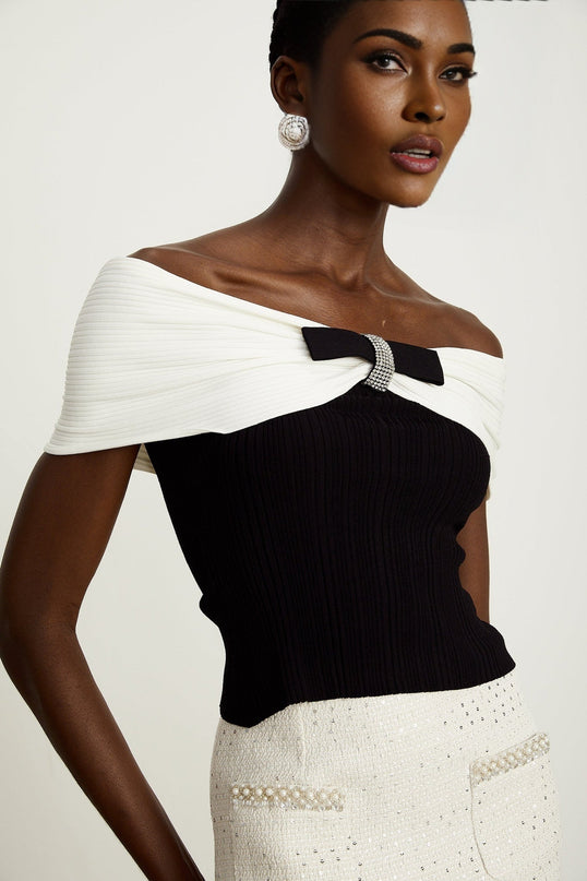 Valeria Black and White Ribbed Knit Top with Bow Detail and Rhinestone Embellishments