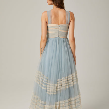 Valeria Blue Maxi Dress with Ruched Mesh Detailing and Ruffled Pleats