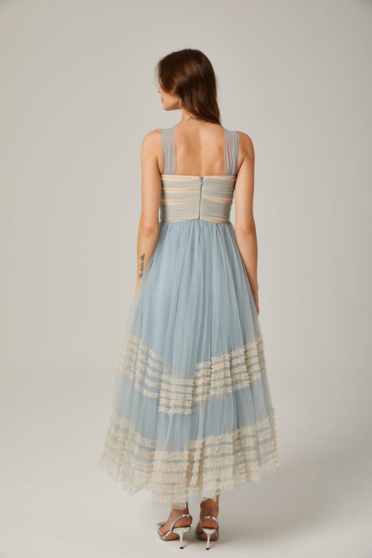 Valeria Blue Maxi Dress with Ruched Mesh Detailing and Ruffled Pleats