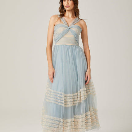 Valeria Blue Maxi Dress with Ruched Mesh Detailing and Ruffled Pleats