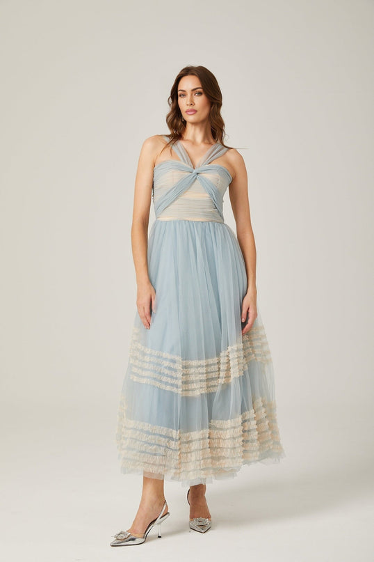 Valeria Blue Maxi Dress with Ruched Mesh Detailing and Ruffled Pleats