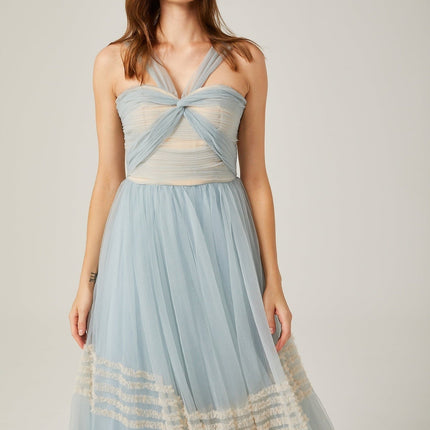Valeria Blue Maxi Dress with Ruched Mesh Detailing and Ruffled Pleats