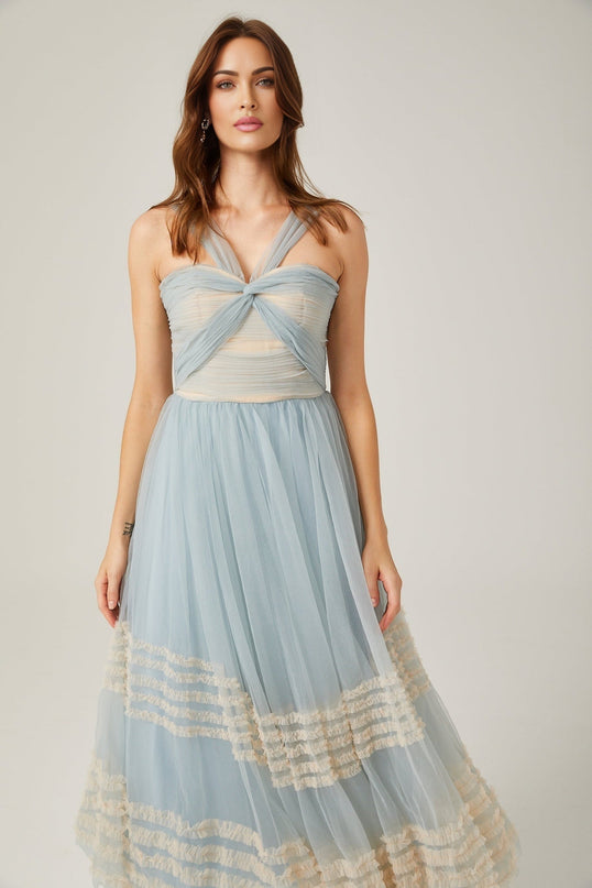 Valeria Blue Maxi Dress with Ruched Mesh Detailing and Ruffled Pleats
