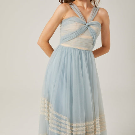 Valeria Blue Maxi Dress Ruched Mesh Detailing Ruffled Pleats 100 Polyester
