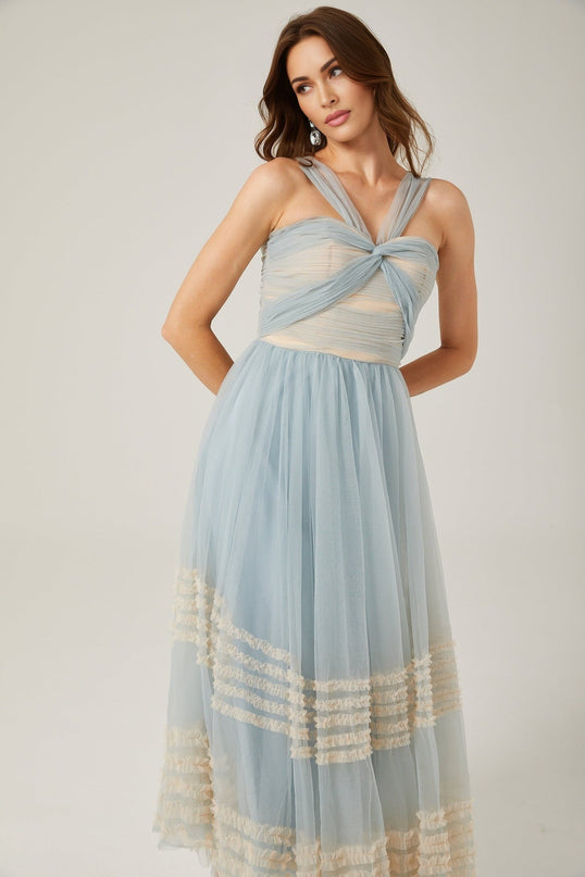 Valeria Blue Maxi Dress Ruched Mesh Detailing Ruffled Pleats 100 Polyester
