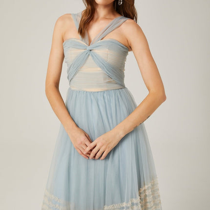Valeria Blue Maxi Dress Ruched Mesh Detailing Ruffled Pleats 100% Polyester Elegant Sophisticated Flawless Silhouette Glamour Statement Piece
