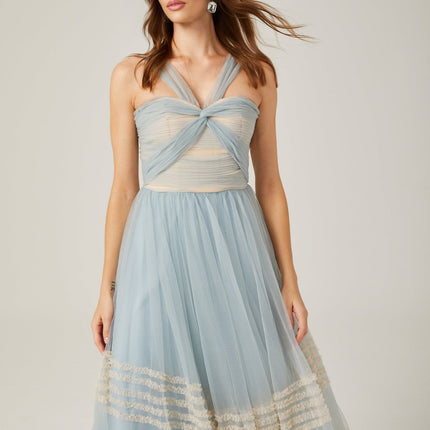 Valeria Blue Maxi Dress with Ruched Mesh Detailing and Ruffled Pleats