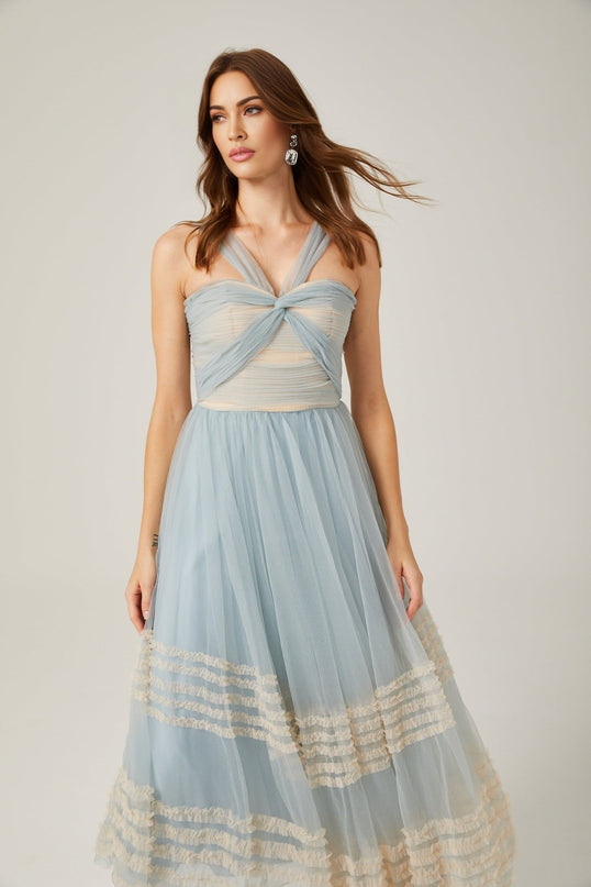 Valeria Blue Maxi Dress with Ruched Mesh Detailing and Ruffled Pleats