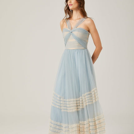 Valeria Blue Maxi Dress with Ruched Mesh Detailing and Ruffled Pleats in 100% Polyester