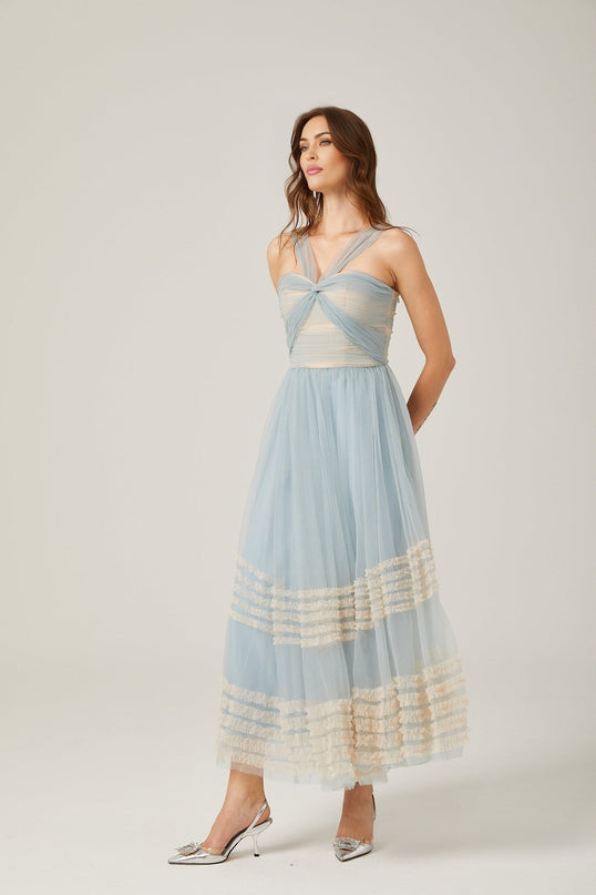 Valeria Blue Maxi Dress with Ruched Mesh Detailing and Ruffled Pleats in 100% Polyester