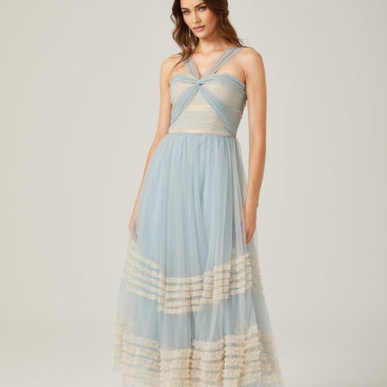 Valeria Blue Mesh Ruched Maxi Dress