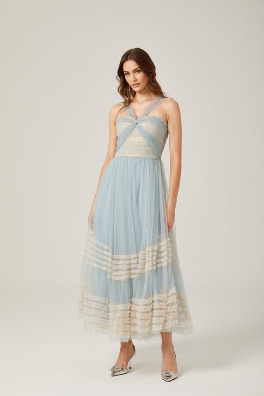 Valeria Blue Mesh Ruched Maxi Dress