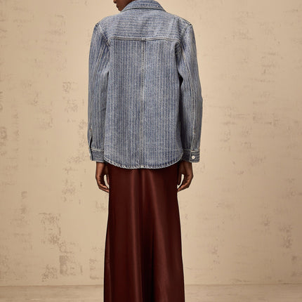 Valeria Blue Rhinestone Embellished Shirt Vertical Stripe Pattern