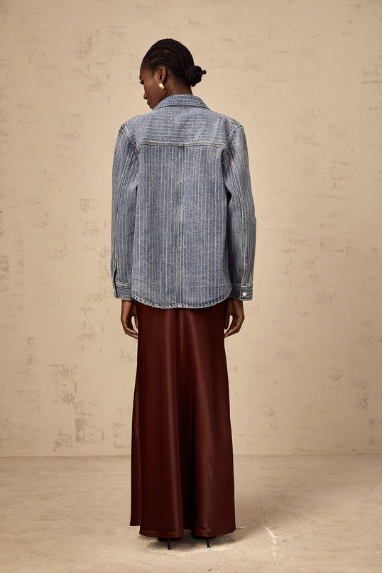 Valeria Blue Rhinestone Embellished Shirt Vertical Stripe Pattern