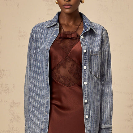 Valeria Blue Rhinestone Embellished Vertical Stripe Shirt