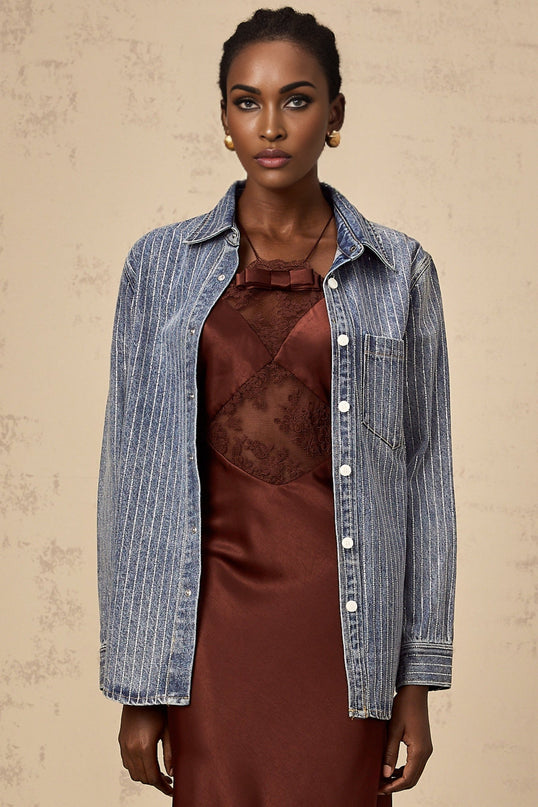 Valeria Blue Rhinestone Embellished Vertical Stripe Shirt