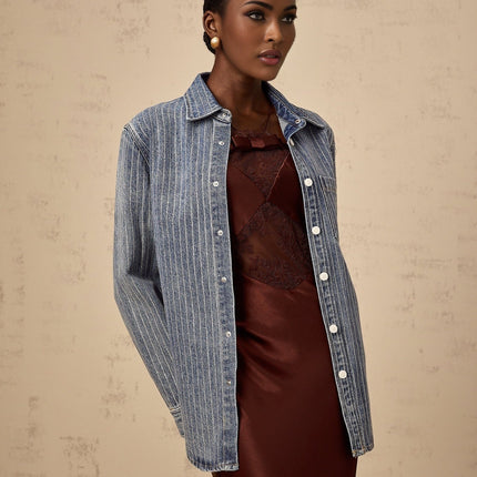 Valeria Blue Rhinestone Embellished Vertical Stripe Shirt