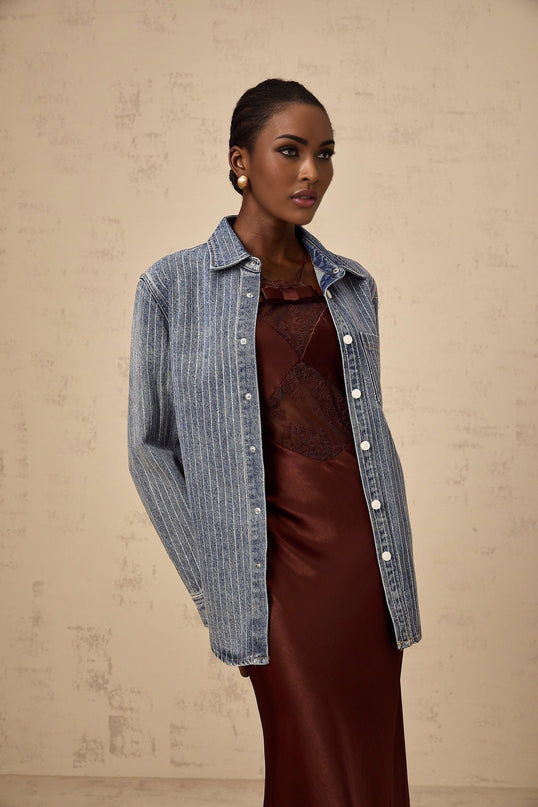 Valeria Blue Rhinestone Embellished Vertical Stripe Shirt