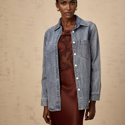 Valeria Blue Rhinestone Embellished Vertical Stripe Shirt