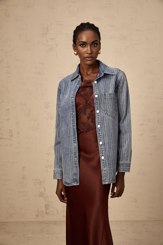 Valeria Blue Rhinestone Embellished Vertical Stripe Shirt