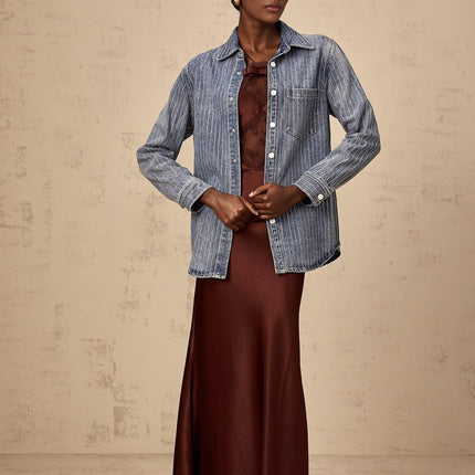Valeria Blue Rhinestone Embellished Vertical Stripe Shirt