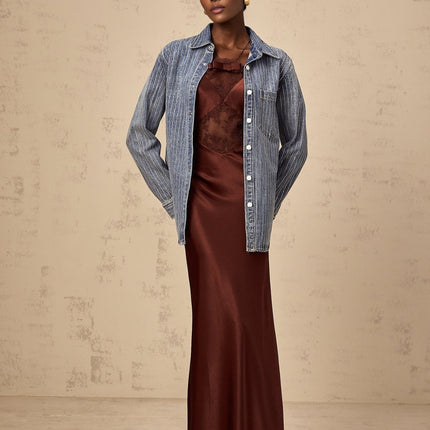 Valeria Blue Rhinestone Embellished Vertical Stripe Shirt