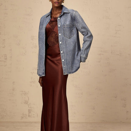 Valeria Blue Rhinestone Embellished Vertical Stripe Shirt