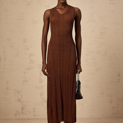 Valeria Brown Ribbed Knit Midi Dress with Cutout Detail and Flared Skirt