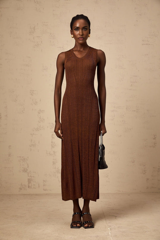 Valeria Brown Ribbed Knit Midi Dress with Cutout Detail and Flared Skirt