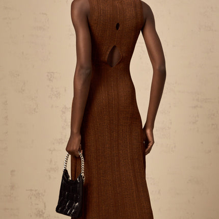 Valeria Brown Ribbed Knit Midi Dress with Cutout Detail and Flared Skirt
