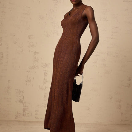 Valeria Brown Ribbed Knit Midi Dress with Cutout Detail and Flared Skirt