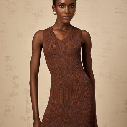 Valeria Brown Ribbed Knit Midi Dress with Cutout Detail and Flared Skirt