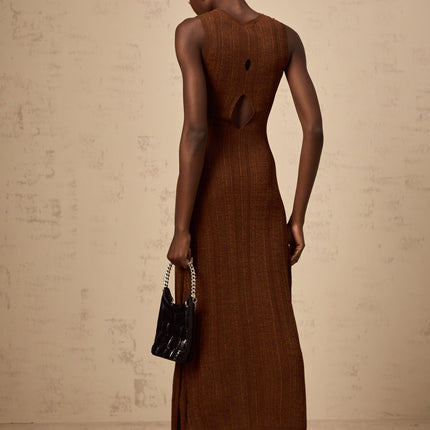 Valeria Brown Ribbed Knit Midi Dress with Cutout Detail and Flared Skirt
