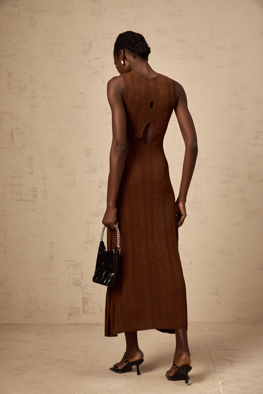 Valeria Brown Ribbed Knit Midi Dress with Cutout Detail and Flared Skirt