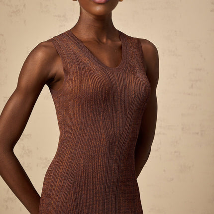 Valeria Brown Ribbed Knit Midi Dress with Cutout Detail and Scoop Neckline